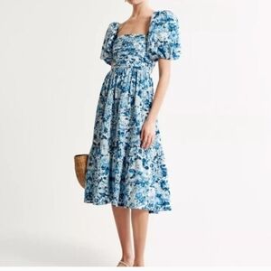 Abercrombie & Fitch Blue Floral Puff-Sleeve Midi Dress